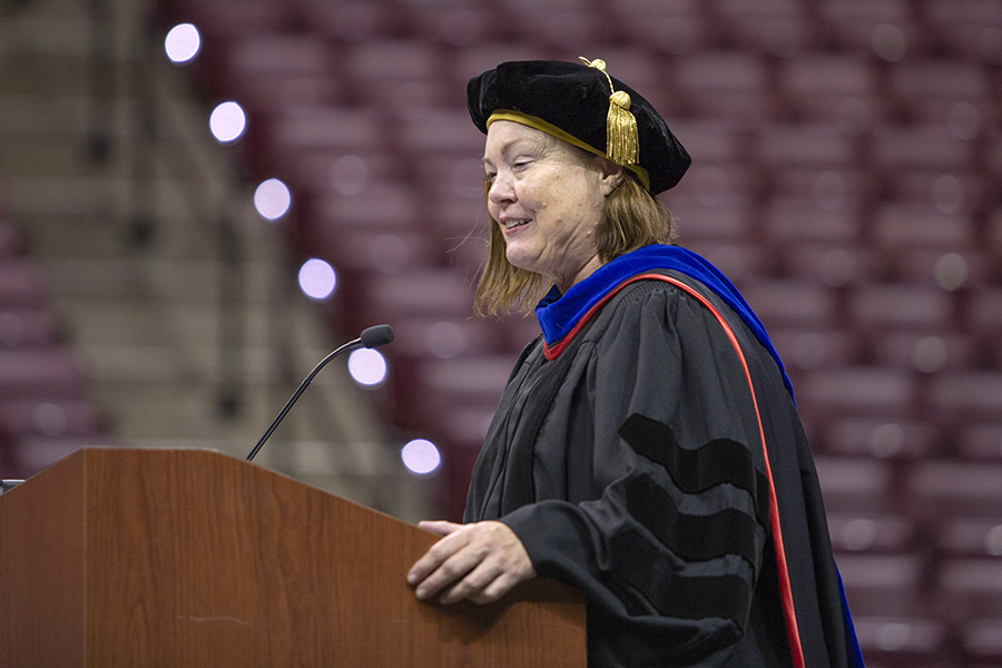 Provost Sally McRorie speaks at FSU New Student Convocation Sunday, Aug. 26, 2018. (FSU Photography Services)