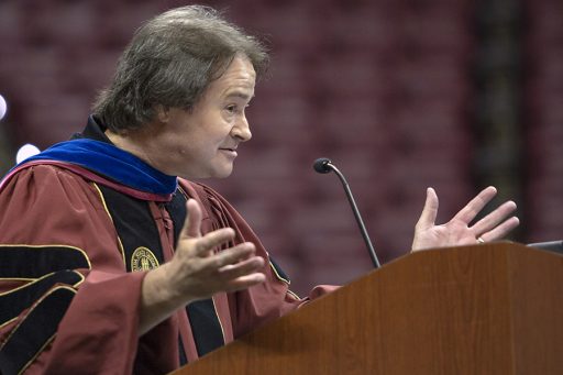 Professor and dean of the Graduate School Mark Riley speaks at FSU New Student Convocation Sunday, Aug. 26, 2018. (FSU Photography Services)