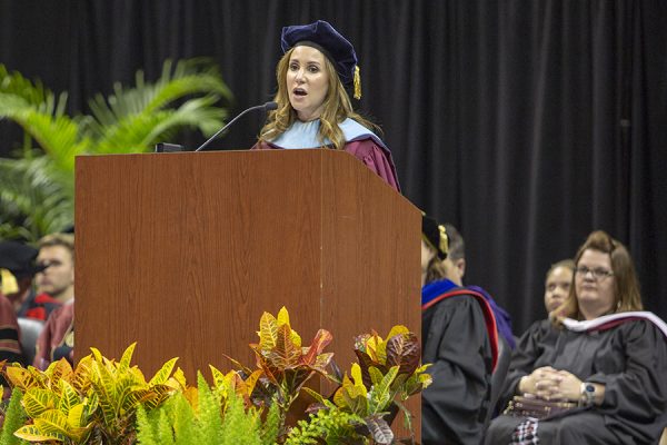 Vice President for Student Affairs Amy Hecht speaks during FSU New Student Convocation Sunday, Aug. 26, 2018. (FSU Photography Services)