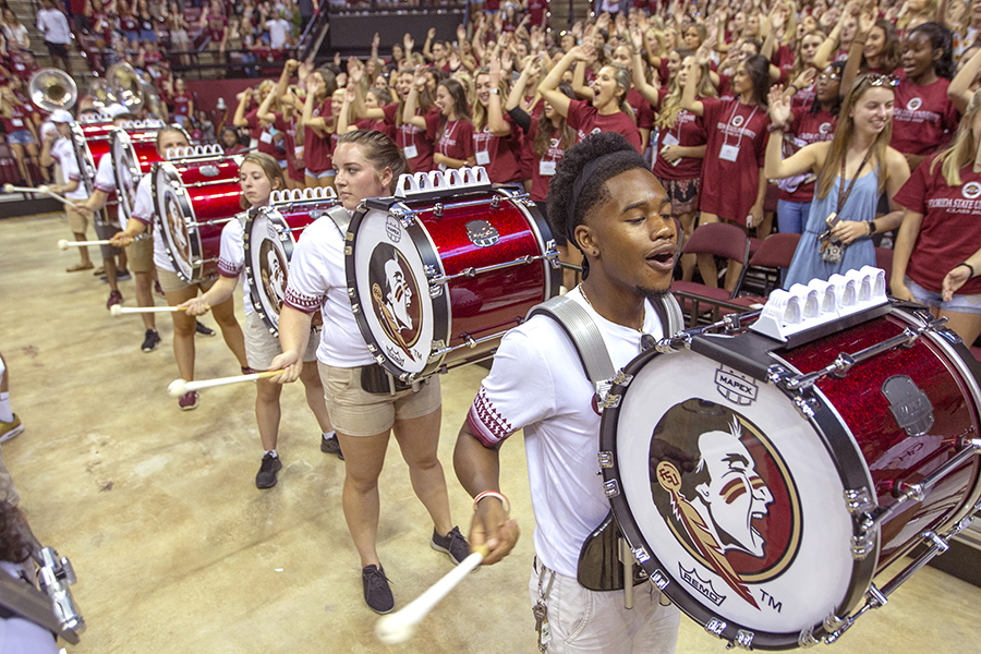 The Marching Chiefs perform during FSU New Student Convocation Sunday, Aug. 26, 2018. (FSU Photography Services)