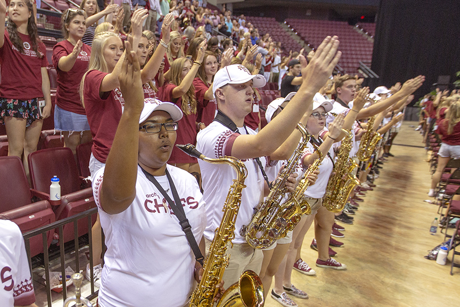 The Marching Chiefs perform during FSU New Student Convocation Sunday, Aug. 26, 2018. (FSU Photography Services)