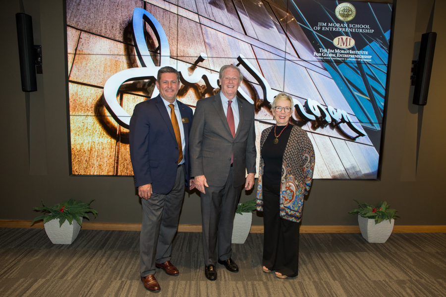 Randy Blass, executive director of the Jim Moran Institute for Global Entrepreneurship, FSU President John Thrasher and Susan Fiorito, director of the Jim Moran School of Entrepreneurship celebrate the opening of the facility. (May 1, 2018 — FSU Photography Services) 