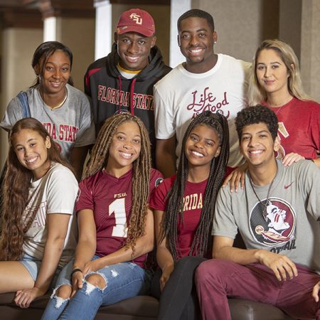 Freshmen from FSU's CARE program are excited for the fall semester. Front row, from left: Nathalie Salano, Oksana Salaam, Alexis Butler and Ahmad Daraldik. Top row, from left: Etoni Holloway, Jamelvin Williams, D'Vodrek Ponder, Gabriella Caruso. (FSU Photography Services)