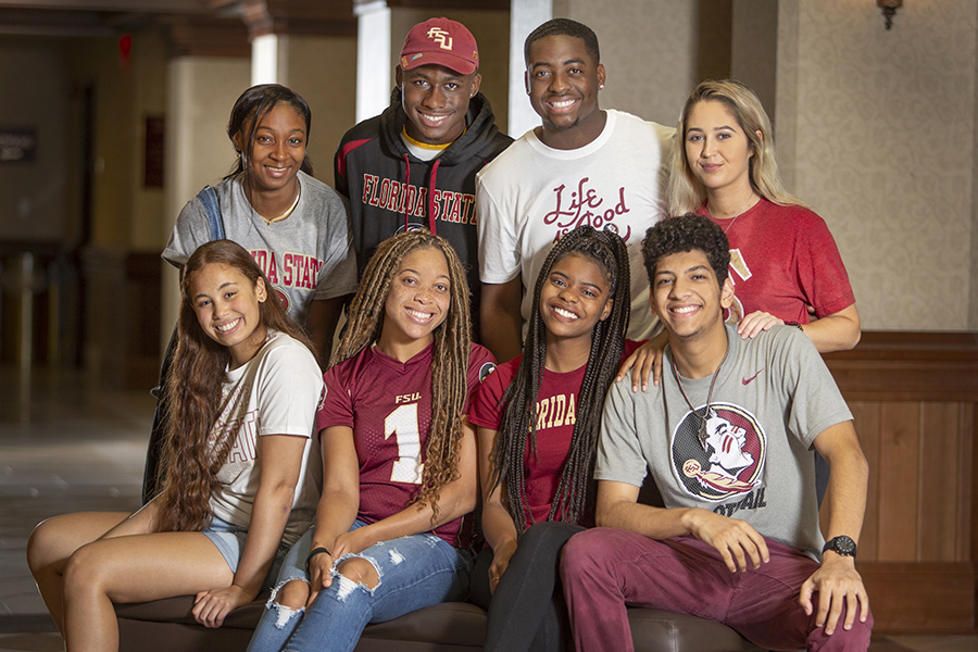 Freshmen from FSU's CARE program are excited for the fall semester. Front row, from left: Nathalie Salano, Oksana Salaam, Alexis Butler and Ahmad Daraldik. Top row, from left: Etoni Holloway, Jamelvin Williams, D'Vodrek Ponder, Gabriella Caruso. (FSU Photography Services)