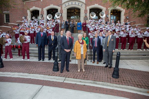 President John Thrasher, First Lady Jean Thrasher and the Marching Chiefs await the arrival of Botswana President Mokgweetsi Masisi outside Ruby Diamond Concert Hall Thursday, Sept. 20, 2018. (FSU Photography Services)