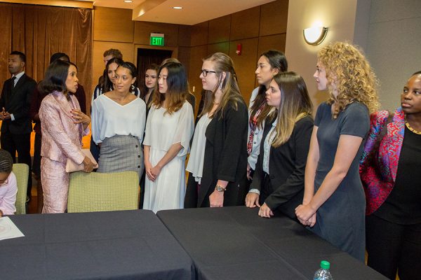 Botswana First Lady Mrs. Neo Jane Masisi talks with FSU students after a town hall event Thursday, Sept. 20, 2018. (FSU Photography Services)