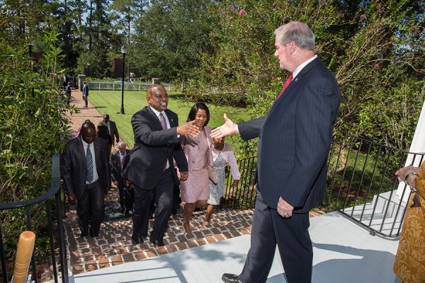 President John Thrasher greets President Masisi and the Botswana delegation outside the President's House Thursday, Sept. 20, 2018. (FSU Photography Services)