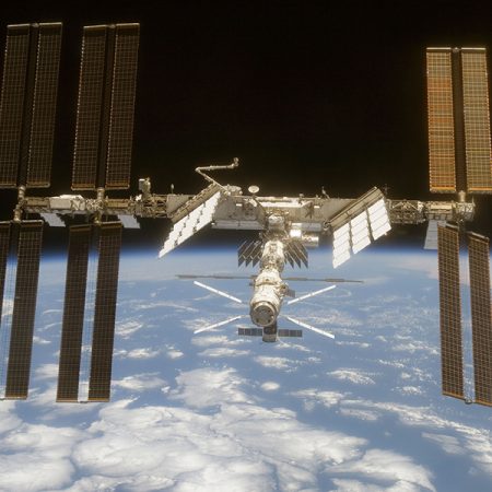 The International Space Station is seen from Space Shuttle Discovery in June 2008. (Credit: NASA)