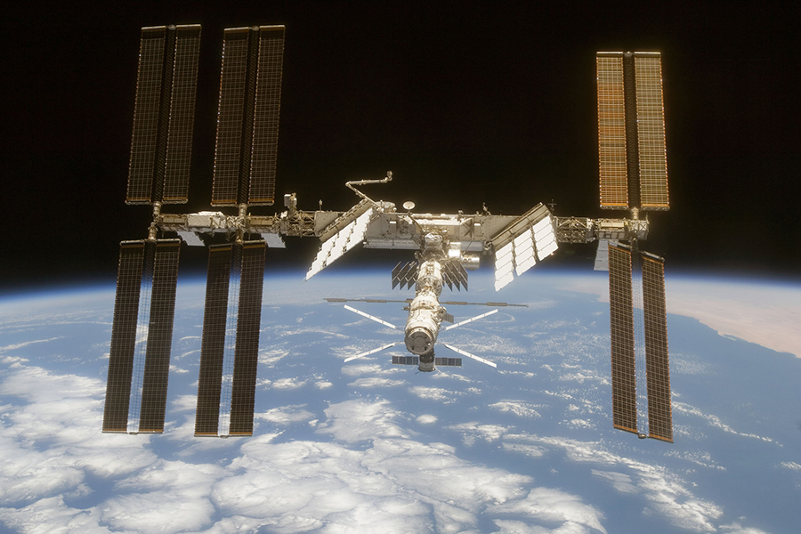 The International Space Station is seen from Space Shuttle Discovery in June 2008. (Credit: NASA)