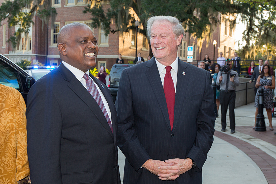 FSU President John Thrasher greets His Excellency President Mokgweetsi Masisi of the Republic of Botswana outside Ruby Diamond Concert Hall during an official visit Thursday, Sept. 20, 2018. (FSU Photography Services)