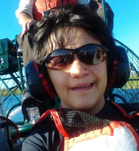 Lead author Suzanne Hodgkins on an airboat used to access the northern Everglade study site.