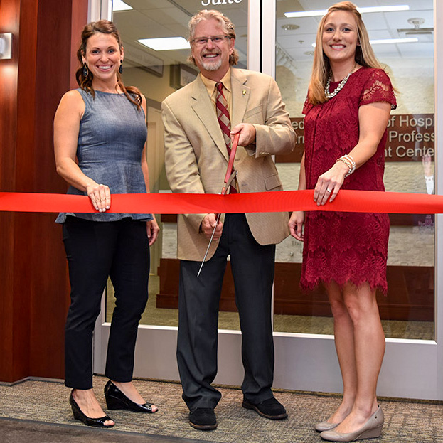 (L-R) Sarah Collins, FSU Foundation Director of Development, Student Affairs; Don Farr, Director of the Dedman School of Hospitality; Alishia Piotrowski, Director of the Dedman School of Hospitality’s Marriott Career and Professional Development Center