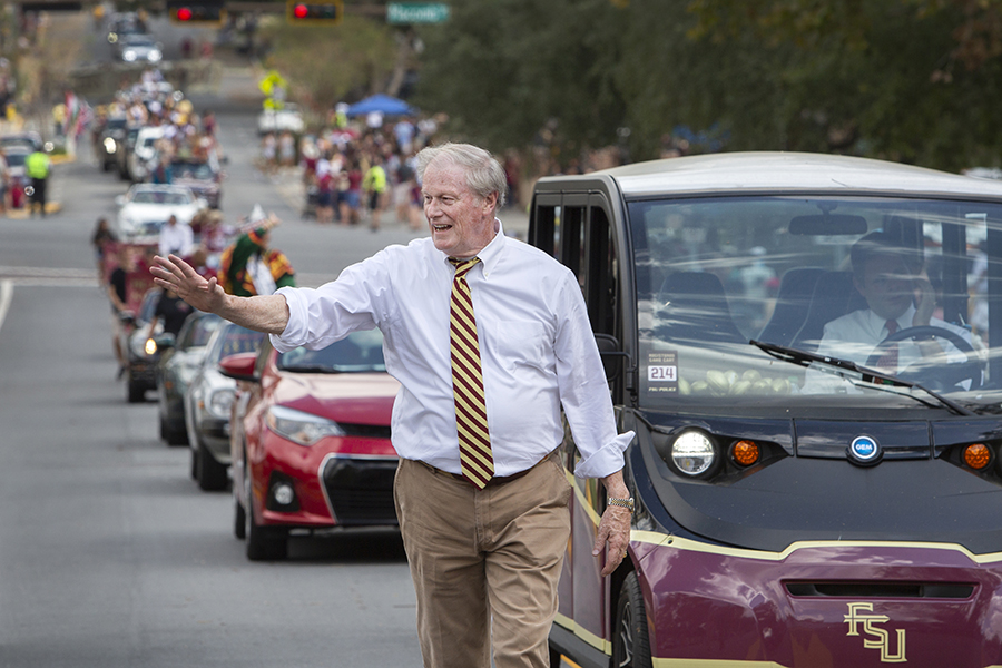 President John Thrasher walks in the Florida State University Homecoming Parade Friday, Oct. 19, 2018. (FSU Photography Services)