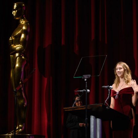 FSU film student Shae Demandt gives a speech as she accepts her Student Academy Award in Beverly Hills Oct. 11. (Photo: Academy of Motion Picture Arts and Sciences)