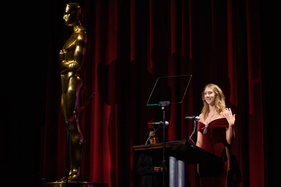 FSU film student Shae Demandt gives a speech as she accepts her Student Academy Award in Beverly Hills Oct. 11. (Photo: Academy of Motion Picture Arts and Sciences)
