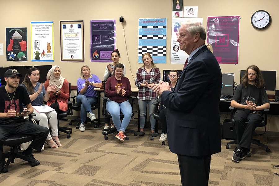 President Thrasher greets students as they return to class Monday, Oct. 29, for the first time since Hurricane Michael hit the Florida Panhandle.