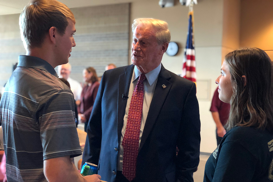 President Thrasher greets students as they return to class Monday, Oct. 29, for the first time since Hurricane Michael hit the Florida Panhandle.