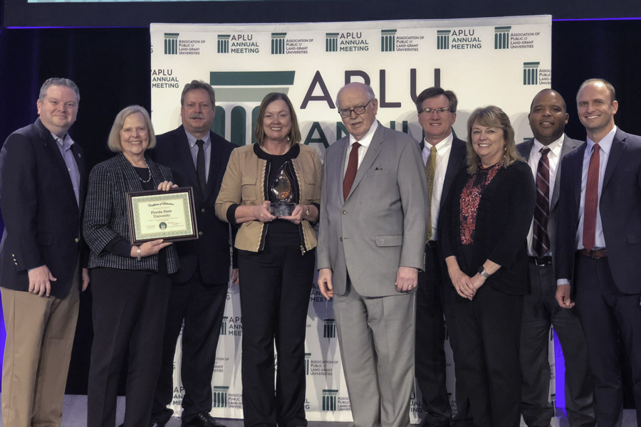 Provost and Executive Vice President for Academic Affairs Sally McRorie, along with a team of FSU leaders, accepts the prestigious national award from APLU President Peter McPherson. He praised FSU's accomplishment. “Global experience and collaboration is more important than ever,” McPherson said. “We’re delighted to spotlight the exceptional example Florida State University has set in achieving comprehensive internationalization." (Nov. 11, 2018)