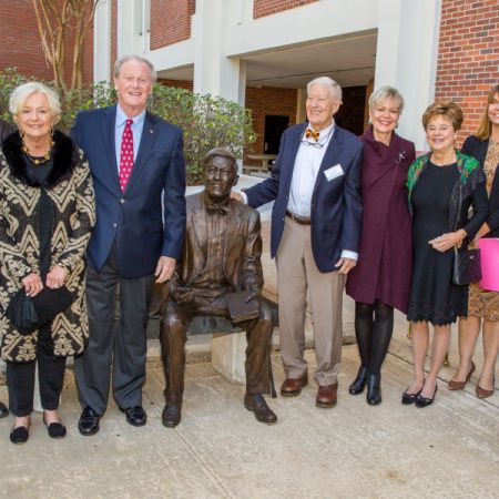 Talbot "Sandy" D'Alemberte stands next to his statue at the FSU College of Law. It originally was placed near the College of Medicine in 2009. "I'm honored to have this statue erected and glad to have it at the law school," D'Alemberte said. (FSU Photography Services)