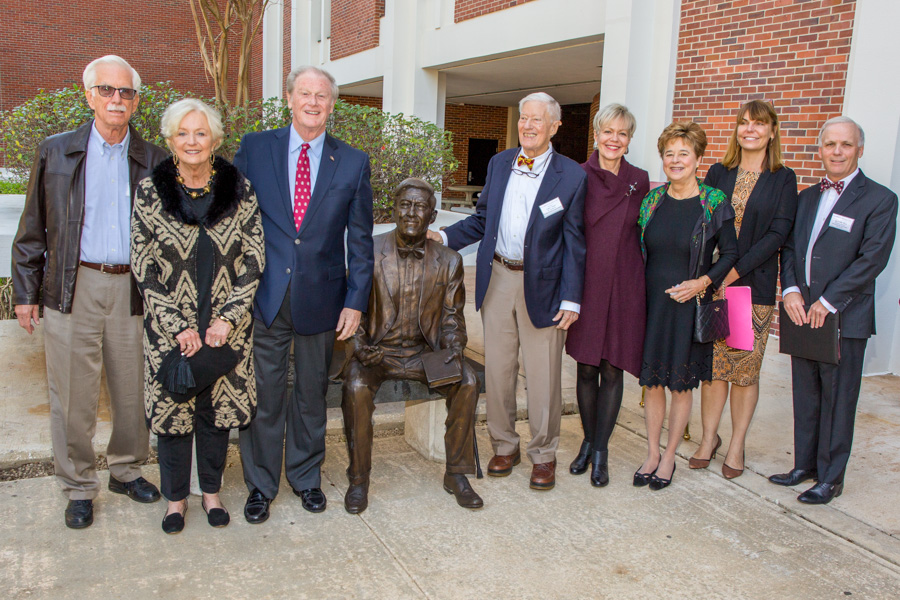 Talbot "Sandy" D'Alemberte stands next to his statue at the FSU College of Law. It originally was placed near the College of Medicine in 2009. "I'm honored to have this statue erected and glad to have it at the law school," D'Alemberte said. (FSU Photography Services)