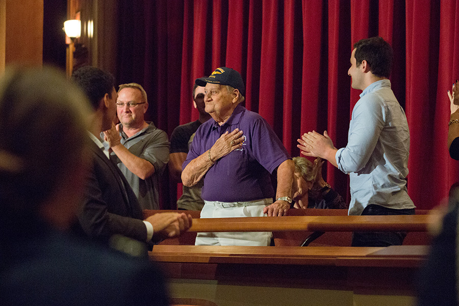 BFA student Royce Marnell (right) and his grandfather Dave Feldman — a World War II veteran and Purple Heart recipient — at the 8th annual Veterans Film Showcase. (FSU Photography Services)