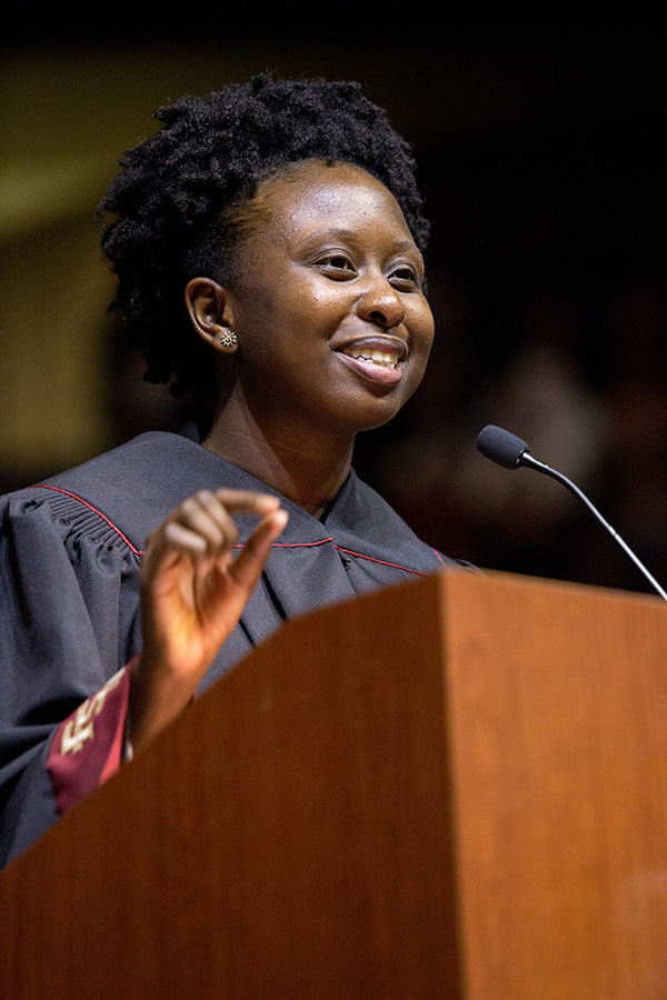 Student Body President Stacey Pierre speaks at Florida State University fall commencement Dec. 14, 2018. (FSU Photography Services)