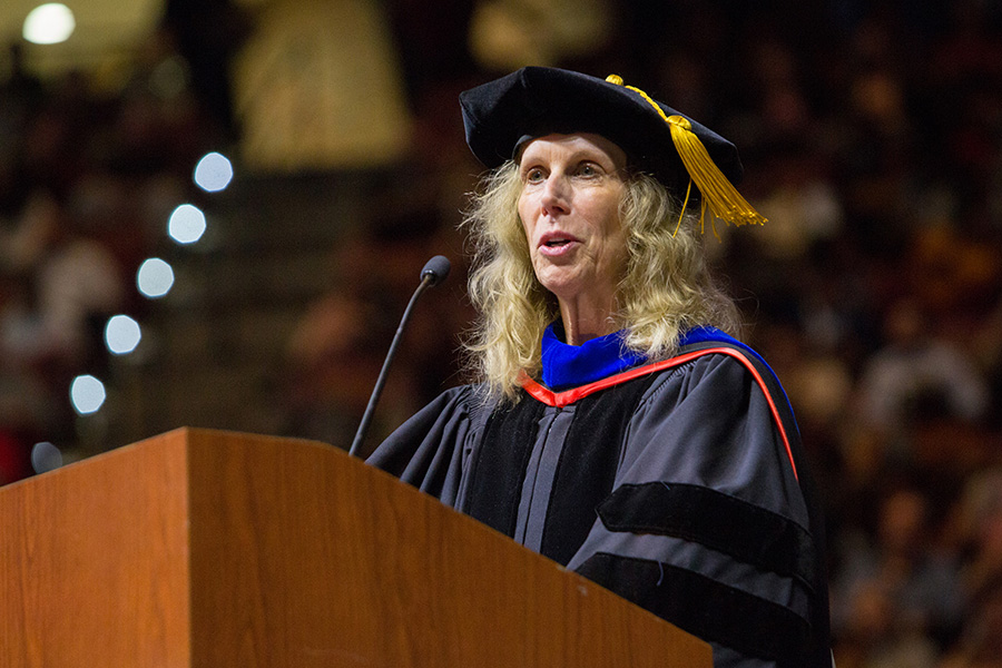 Pamela Perrewé, the 2018-2019 Robert O. Lawton Distinguished Professor, delivered the commencement address at Florida State University fall commencement Dec. 14, 2018. (FSU Photography Services)