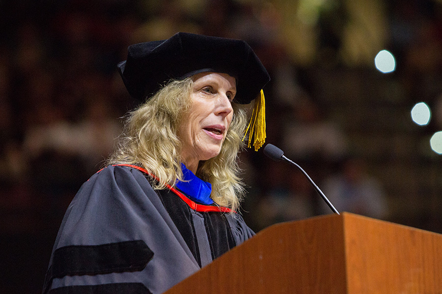Pamela Perrewé, the 2018-2019 Robert O. Lawton Distinguished Professor, delivered the commencement address at Florida State University fall commencement Dec. 14, 2018. (FSU Photography Services)