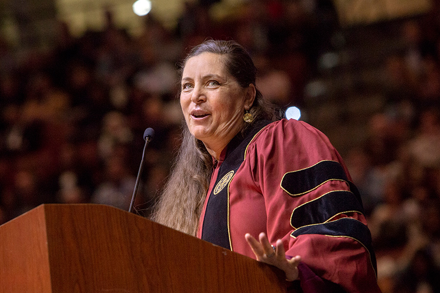 FSU softball coach Lonni Alameda speaks at Florida State University fall commencement Dec. 15, 2018. (FSU Photography Services)