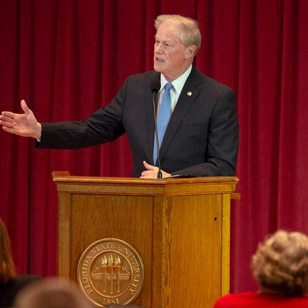 President John Thrasher delivers the State of the University address to the FSU Faculty Senate Wednesday, Dec. 5, 2018. (FSU Photography Services)
