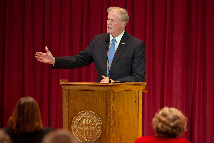 President John Thrasher delivers the State of the University address to the FSU Faculty Senate Wednesday, Dec. 5, 2018. (FSU Photography Services)