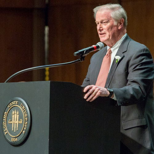 FSU President John Thrasher speaks at the funeral service for FSU President Emeritus T.K. Wetherell. (FSU Photography Services)