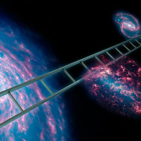 An artist’s conception of what’s called the cosmic distance ladder—a series of celestial objects, including type Ia supernovae that have known distances and can be used to calculate the rate at which the universe is expanding. Illustration is courtesy of NASA/JPL-Caltech.