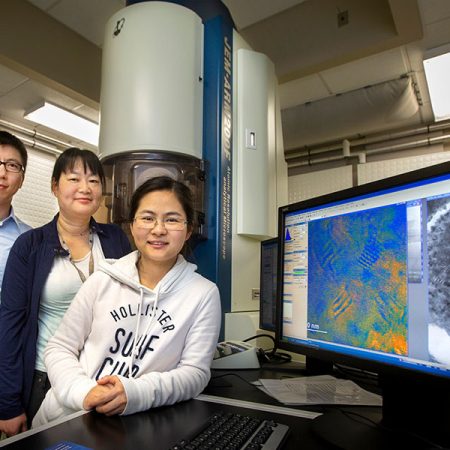 Assistant Professor Hanwei Gao, MagLab researcher Yan Xin and FSU doctoral student Xi Wang discovered a way to stabilize color being emitted from a next-generation material called a halide perovskite.