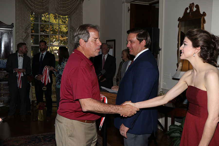 FSU head soccer coach Mark Krikorian and Florida First Lady Casey DeSantis at the Florida Governor's Mansion Wednesday, March 13, 2019. (Photo: Ryals Lee)
