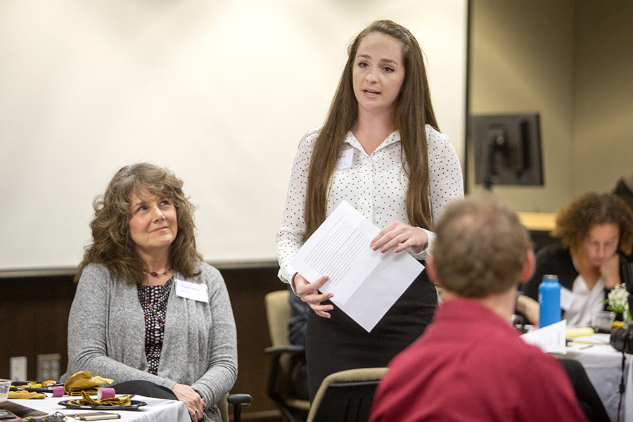 College of Nursing nominee Angela Byrne talks about her service-learning trip to Riobamba, Ecuador, at the 2019 Humanitarian Luncheon. (FSU Photography Services)