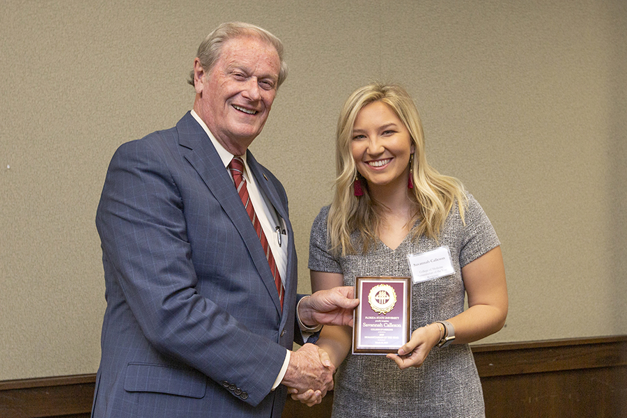 President John Thrasher and Savannah Calleson at the 2019 Humanitarian Luncheon, Tuesday, March 26. (FSU Photography Services)