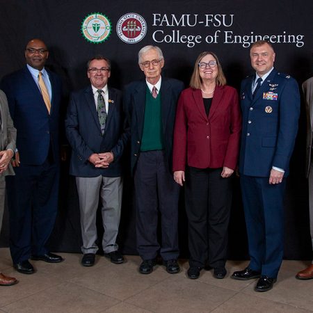 The FAMU-FSU College of Engineering and researchers and engineers from Eglin Air Force Base celebrated the beginning of a new partnership Monday to train undergraduate students in areas critical to the U.S. Air Force. From left: (L to R): David Lambert, AFRL; Maurice Edington, FAMU provost; Dean Murray Gibson; Charles Weatherford, FAMU; Sally McRorie, FSU provost; Col. Garry Haase, AFRL Directorate; Gary Ostrander, FSU Vice President for Research.