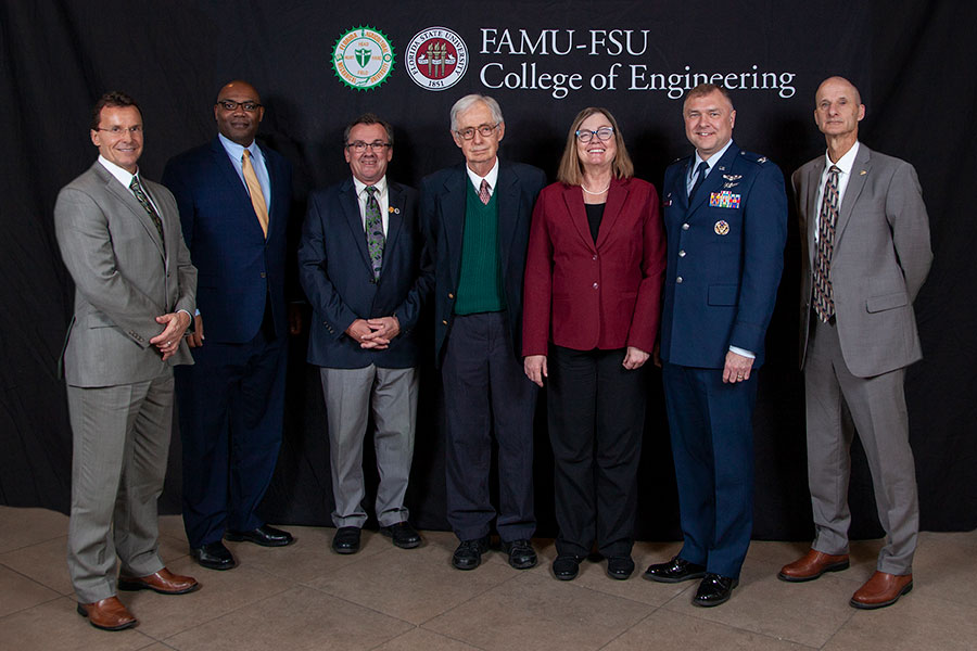 The FAMU-FSU College of Engineering and researchers and engineers from Eglin Air Force Base celebrated the beginning of a new partnership Monday to train undergraduate students in areas critical to the U.S. Air Force. From left: (L to R): David Lambert, AFRL; Maurice Edington, FAMU provost; Dean Murray Gibson; Charles Weatherford, FAMU; Sally McRorie, FSU provost; Col. Garry Haase, AFRL Directorate; Gary Ostrander, FSU Vice President for Research.