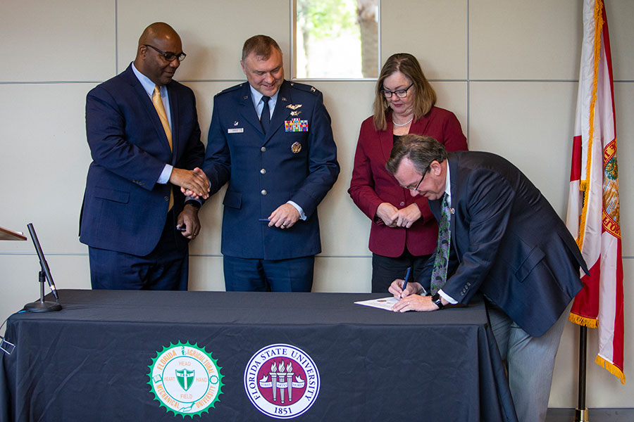 Florida A&amp;M Provost Maurice Edington, Col. Garry Haase, FSU Provost Sally McRorie and FAMU-FSU College of Engineering Dean Murray Gibson participated in a ceremonial signing of the partnership March 18, 2019.