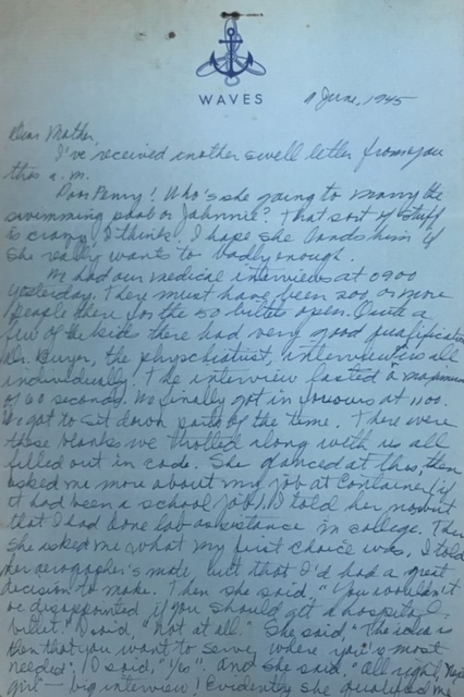 An example of one of the many letters Dolly Madison sent her mother during World War II. As the stationary letterhead suggests, Dolly was part of the WAVES, or the Women Accepted for Voluntary Emergency Service. As a member of the WAVES, Dolly became an aerographer’s mate. In this letter, Dolly discusses news about her hometown and informs her mother about assessments she must go through as an enlistee.