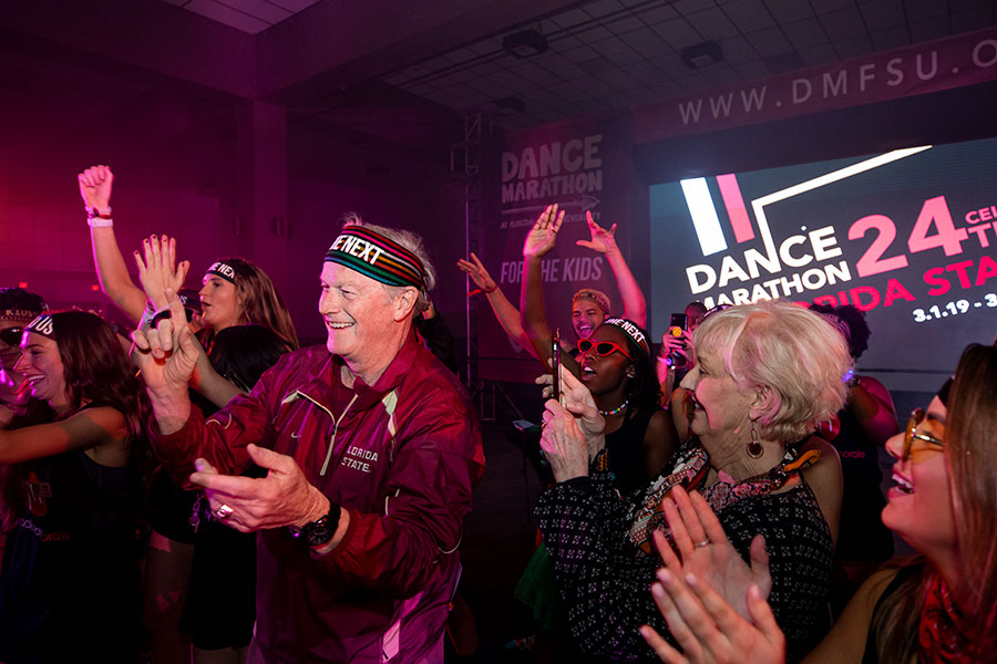 FSU President John Thrasher and Mrs. Jean Thrasher join in the fun at Dance Marathon at FSU's annual event Sunday, March 3, 2019. (Credit: Dance Marathon at FSU)