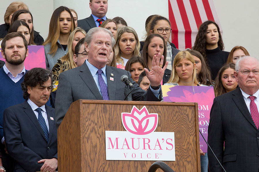 FSU President John Thrasher addressed those gathered for the launch of Maura's Voice, Monday, March 4, on the steps of the Florida Historic Capitol Museum. (FSU Photography Services/Bill Lax)