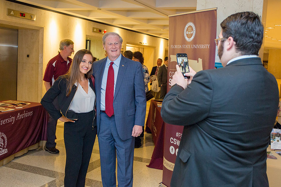 President John Thrasher visits the display tables at FSU Day at the Capitol Tuesday, April, 9, 2019. (FSU Photography Services)