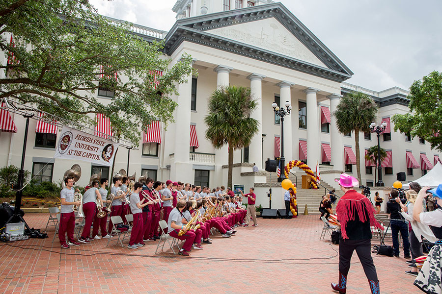 The Seminole Sound and FSU Cheerleaders perform at FSU Day at the Capitol April 9, 2019. (FSU Photography Services)