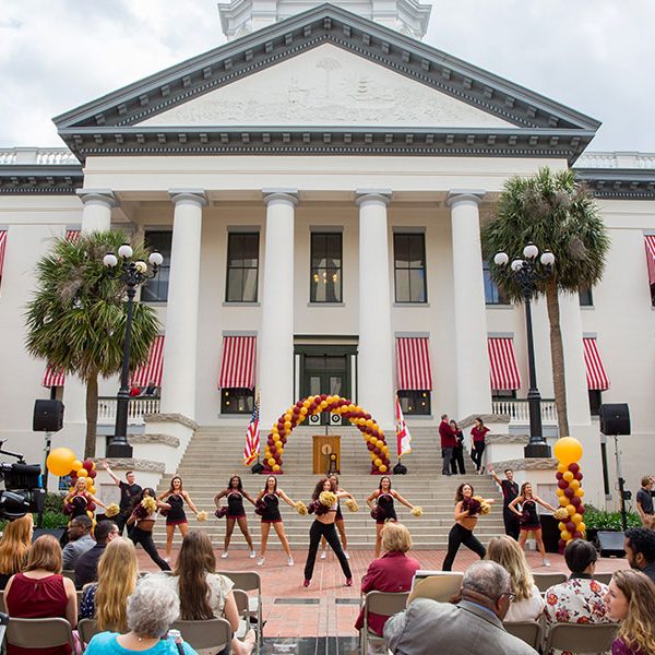 The Seminole Sound and FSU Cheerleaders perform at FSU Day at the Capitol April 9, 2019. (FSU Photography Services)