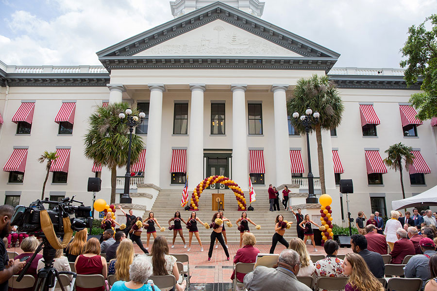 The Seminole Sound and FSU Cheerleaders perform at FSU Day at the Capitol April 9, 2019. (FSU Photography Services)