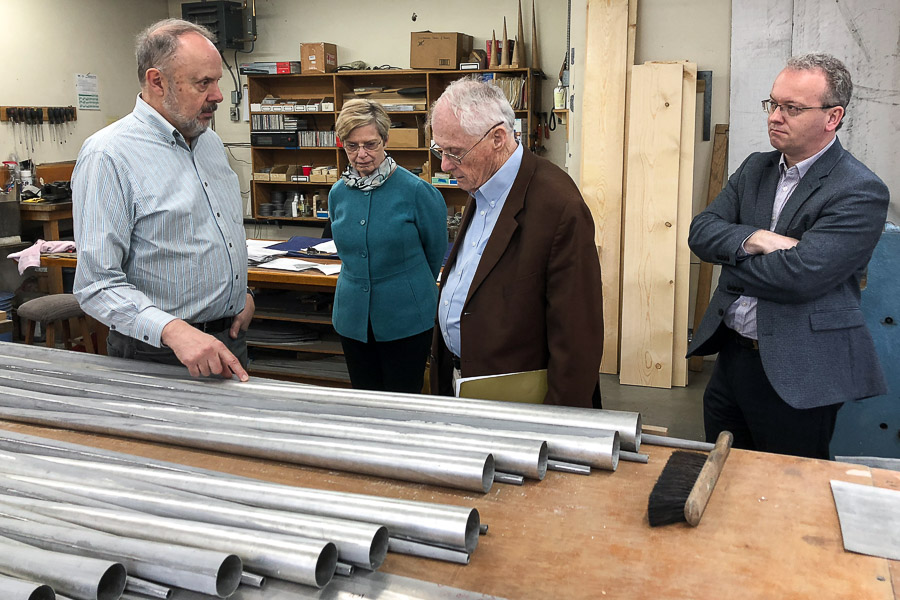 Paul Fritts gives a tour of his workshop in Tacoma, Washington. (L-R) Paul Fritts; Patricia Flowers, dean of the College of Music; donor Charles Rockwood; Iain Quinn, assistant professor of organ. (Photo: Jayme Agee)