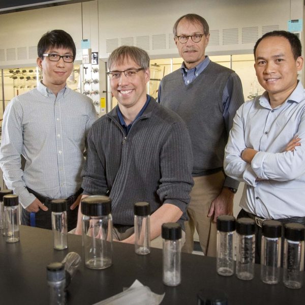 From left to right: Hanwei Gao, Kenneth Hanson, Ross Ellington and Biwu Ma. With instrumental support and guidance provided by Ellington, the three early-career scientists have made waves internationally for their cutting-edge research. (FSU Photography Services)