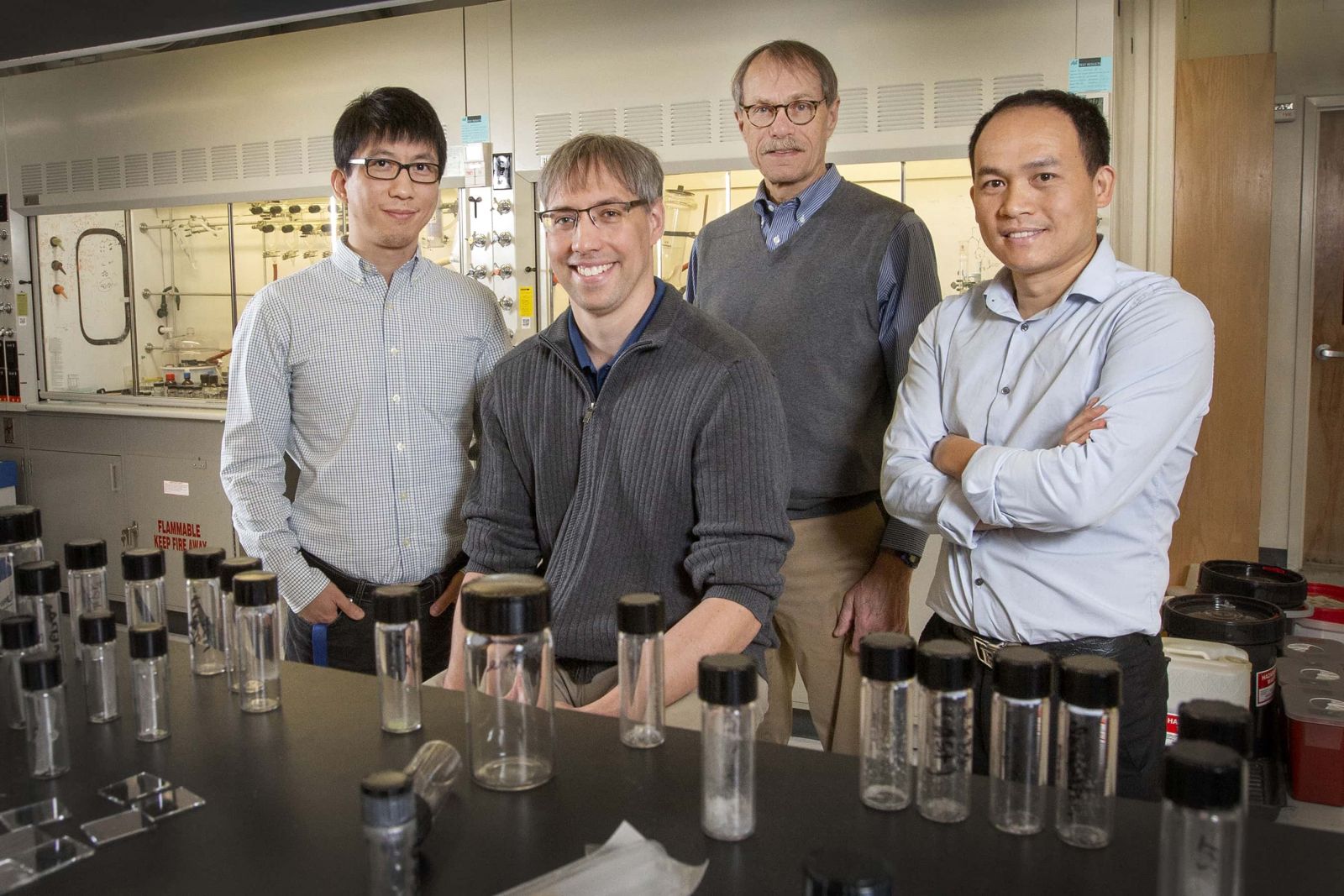 From left to right: Hanwei Gao, Kenneth Hanson, Ross Ellington and Biwu Ma. With instrumental support and guidance provided by Ellington, the three early-career scientists have made waves internationally for their cutting-edge research. (FSU Photography Services)